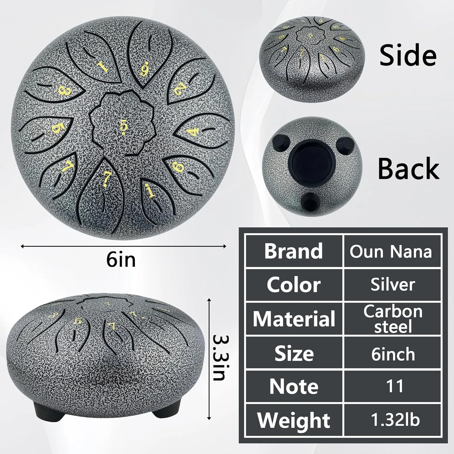 Rain Drum Musical Instruments 6 Inches 11 Notes Steel Tongue Drum for Adults Kids, Rain Chime Sound Bath Instruments with Drumsticks, Music Book and Travel Bag Yoga Chakra Gifts, Silver