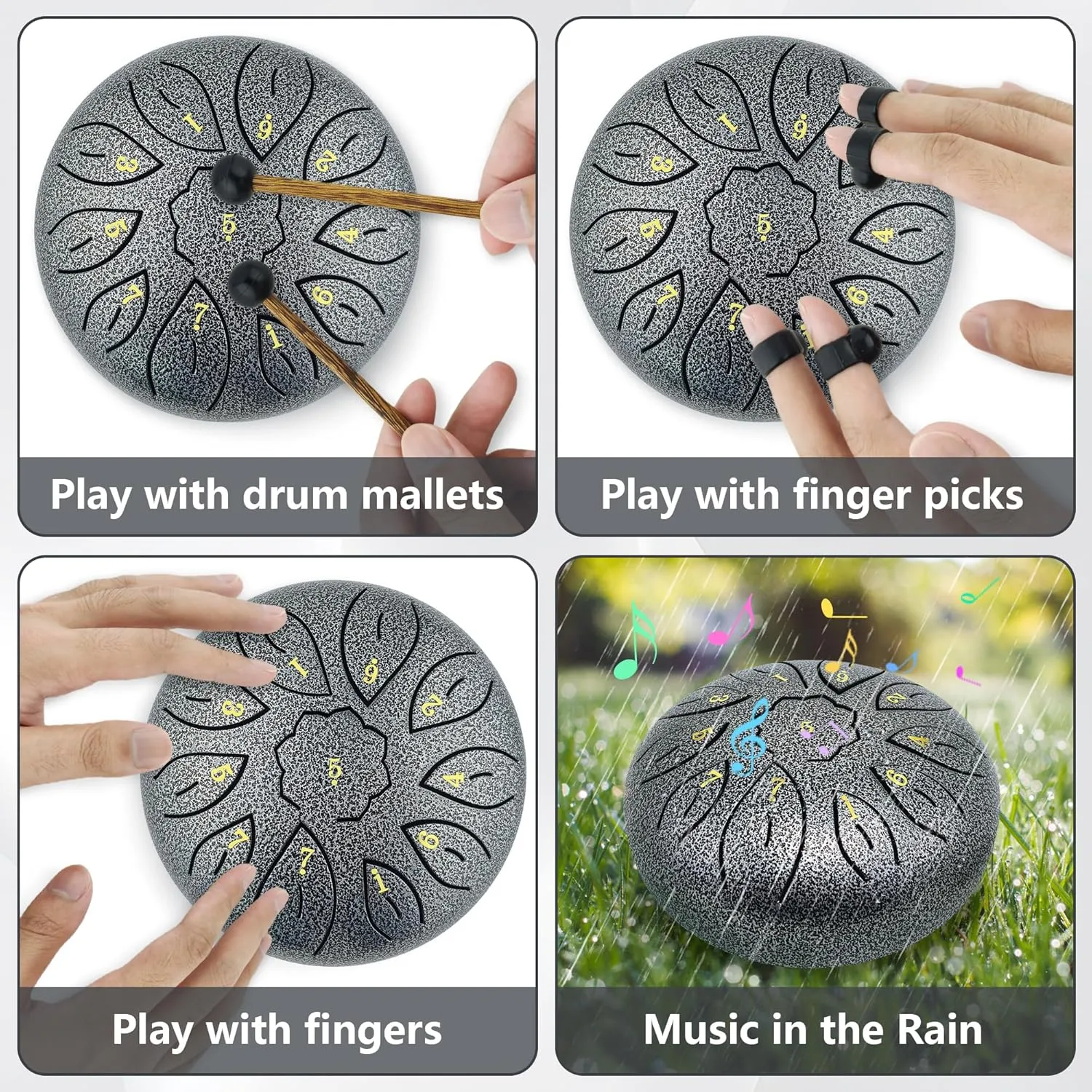 Rain Drum Musical Instruments 6 Inches 11 Notes Steel Tongue Drum for Adults Kids, Rain Chime Sound Bath Instruments with Drumsticks, Music Book and Travel Bag Yoga Chakra Gifts, Silver