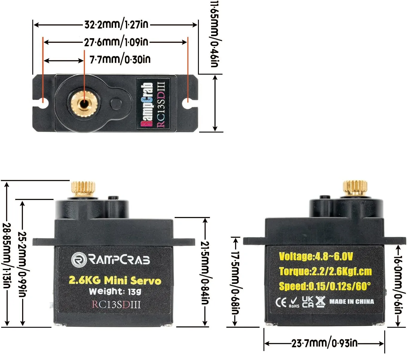 RampCrab Steering Servo with Servo Horn for AX24 SCX24 RC Car, Upgrade Parts for Axial SCX24, AX24, Black Horn, 2 Sets