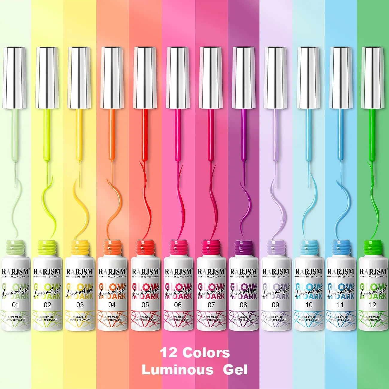 RARJSM Nail Art Gel Set, Glow In The Dark Gel Liner Nail Art Polish Luminous Design Nailpolish Neon Fluorescent Drawing Painting NailArt Polish Neon Colors