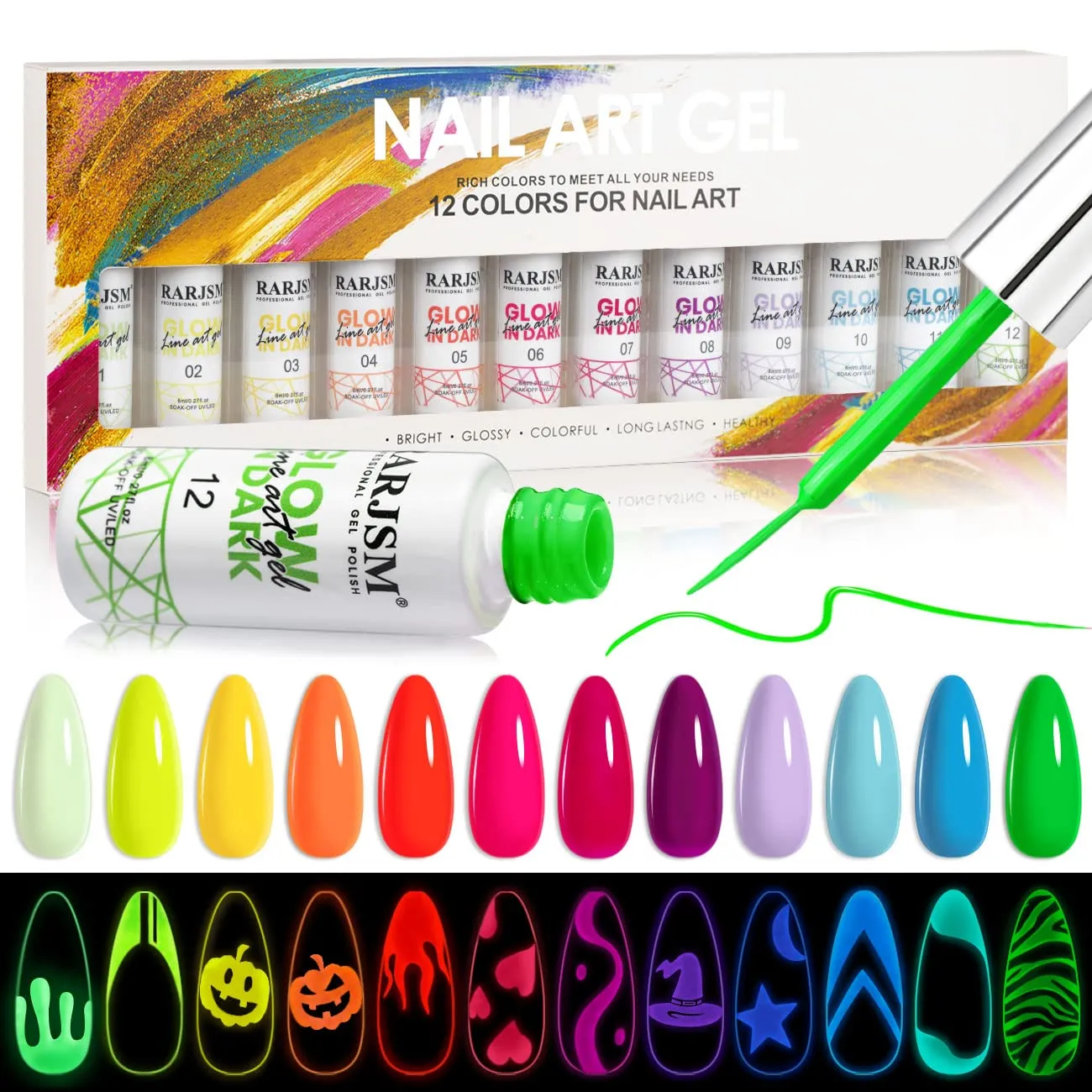 RARJSM Nail Art Gel Set, Glow In The Dark Gel Liner Nail Art Polish Luminous Design Nailpolish Neon Fluorescent Drawing Painting NailArt Polish Neon Colors