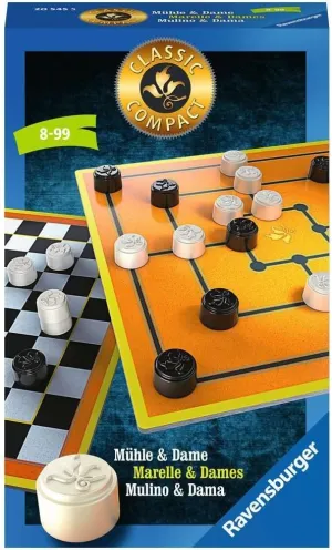 Ravensburger 20545 Classic Compact: Mill & Dame, Gift Game for 2 Players, from 8 Years, Compact Format, Travel Game, Classic