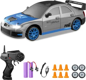 RC Drift Car, 1/24 2.4GHz 4WD Remote Control Car High Speed Drift RC Cars with LED Lights, 2 Rechargeable Battery and Drifting Tires Racing Toy Cars for Kids Boys Girls Adults(Grey)