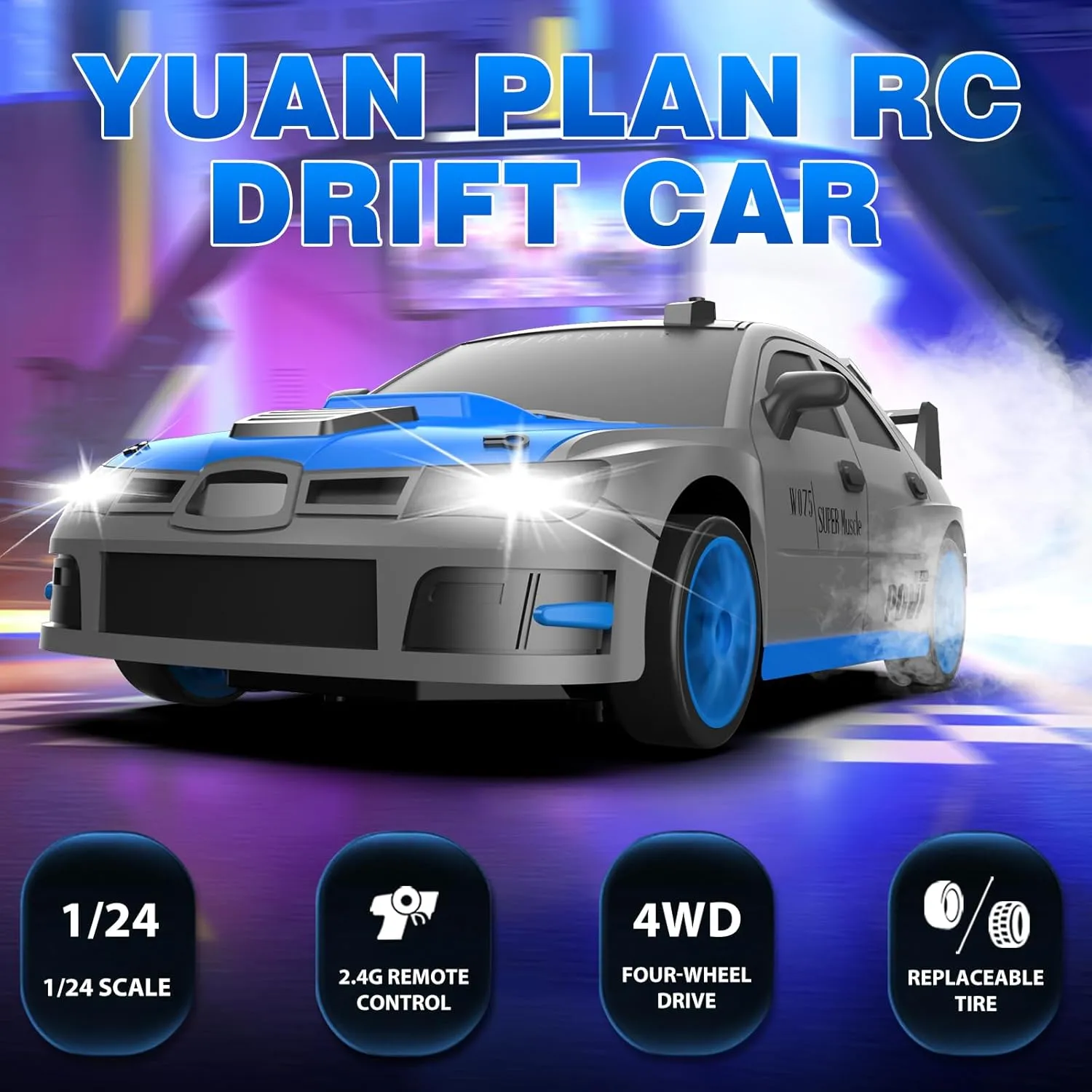 RC Drift Car, 1/24 2.4GHz 4WD Remote Control Car High Speed Drift RC Cars with LED Lights, 2 Rechargeable Battery and Drifting Tires Racing Toy Cars for Kids Boys Girls Adults(Grey)