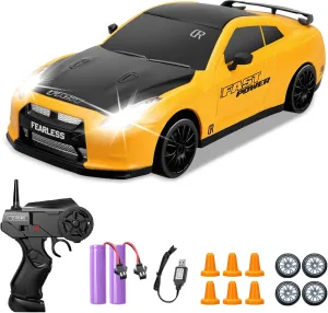 RC Drift Car 1/24 2.4GHz 4WD Remote Control Car, High Speed Drifting RC Cars with LED Lights, 2 Rechargeable Batteries and Drift Tires Racing Toy Cars for Kids (Yellow)