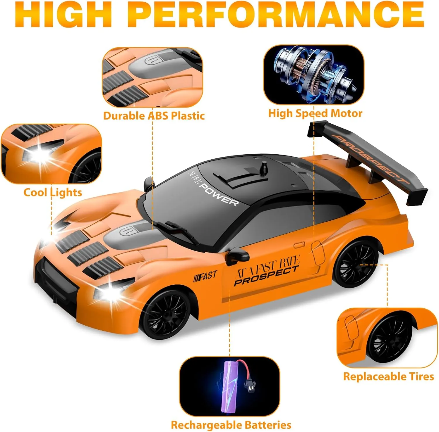 RC Drift Car 1/24 2.4GHz Remote Control Car 4WD High Speed Drift RC Cars with LED Light and Drift Tires Racing Toy Cars for Boys Girls Kids Adults (Orange)