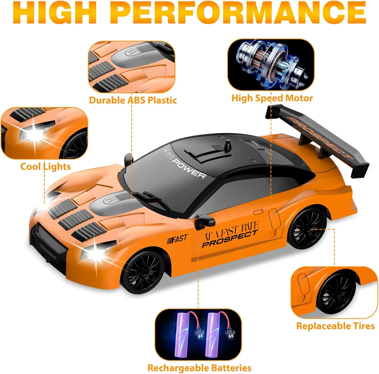 RC Drift Car 1/24 2.4GHz Remote Control Car 4WD High Speed Drift RC Cars with LED Light, Two Batteries and Drift Tires Racing Toy Cars for Boys Girls Kids Adults (Orange)