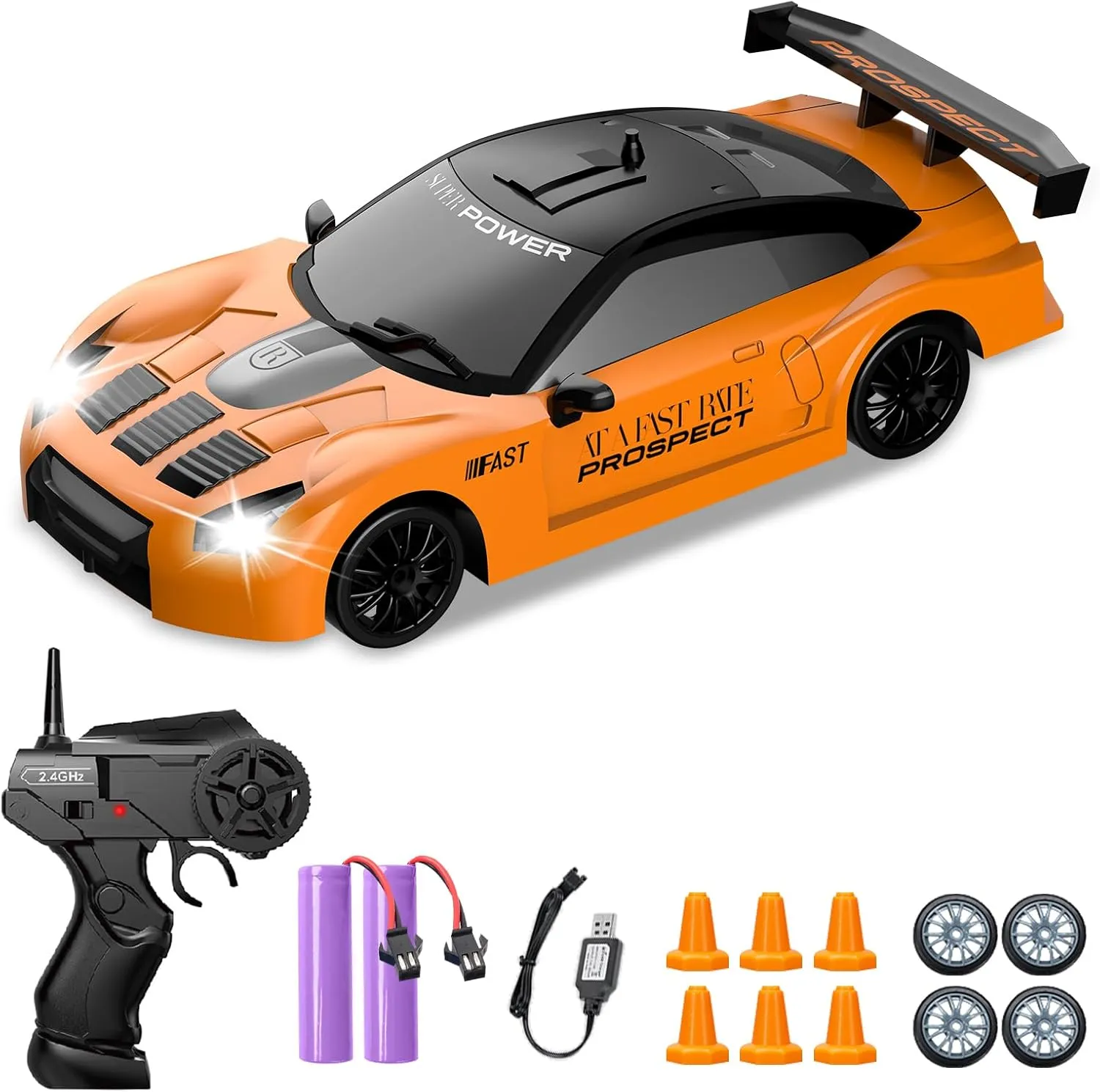 RC Drift Car 1/24 2.4GHz Remote Control Car 4WD High Speed Drift RC Cars with LED Light, Two Batteries and Drift Tires Racing Toy Cars for Boys Girls Kids Adults (Orange)