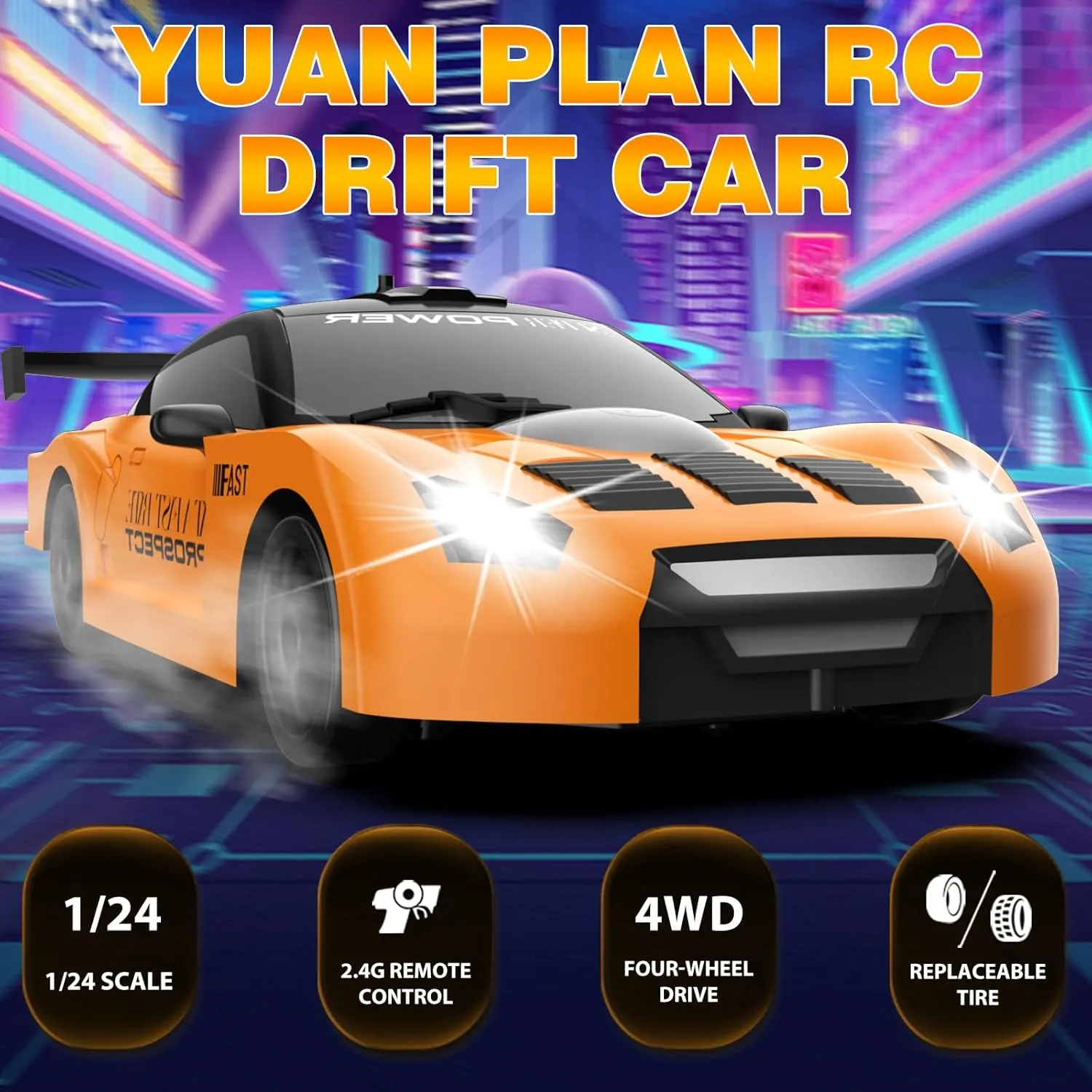 RC Drift Car 1/24 2.4GHz Remote Control Car 4WD High Speed Drift RC Cars with LED Light, Two Batteries and Drift Tires Racing Toy Cars for Boys Girls Kids Adults (Orange)