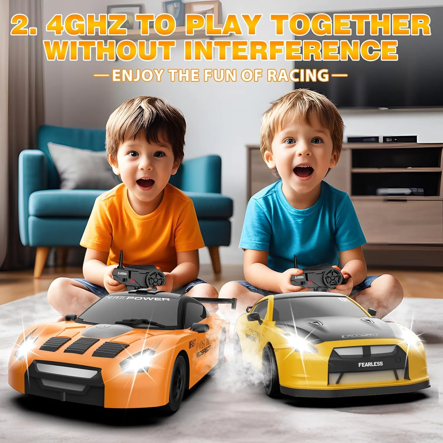 RC Drift Car 1/24 2.4GHz Remote Control Car 4WD High Speed Drift RC Cars with LED Light, Two Batteries and Drift Tires Racing Toy Cars for Boys Girls Kids Adults (Orange)