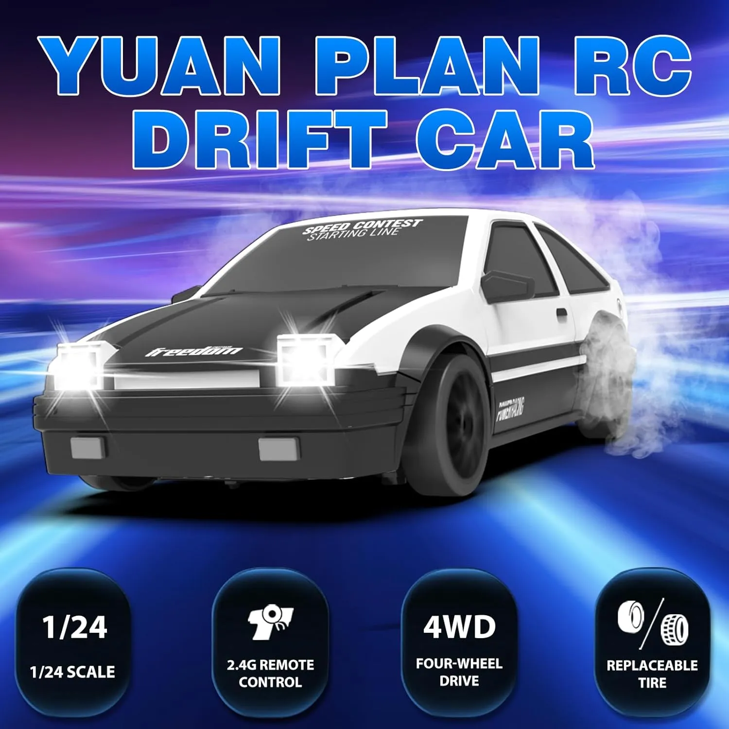 RC Drift Car 1/24 2.4GHz Remote Control Cars, 4WD High Speed Drift RC Cars with Cool LED Lights, Extra Drifting Tires Racing Toys Car for Kids Boys Girls Adults (White)