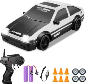 RC Drift Car 1/24 2.4GHz Remote Control Cars, 4WD High Speed Drift RC Cars with Cool LED Lights, Extra Drifting Tires Racing Toys Car with Two Batteries for Kids Boys Girls Adults (White)