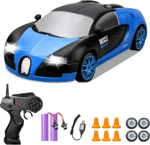 RC Drift Car, 1:24 4WD Drifting RC Cars 2.4GHz High Speed Remote Control Car with LED Light, Two Batteries and Drift Tires Racing Toy Cars for Kids Boys Girls Adults, Blue