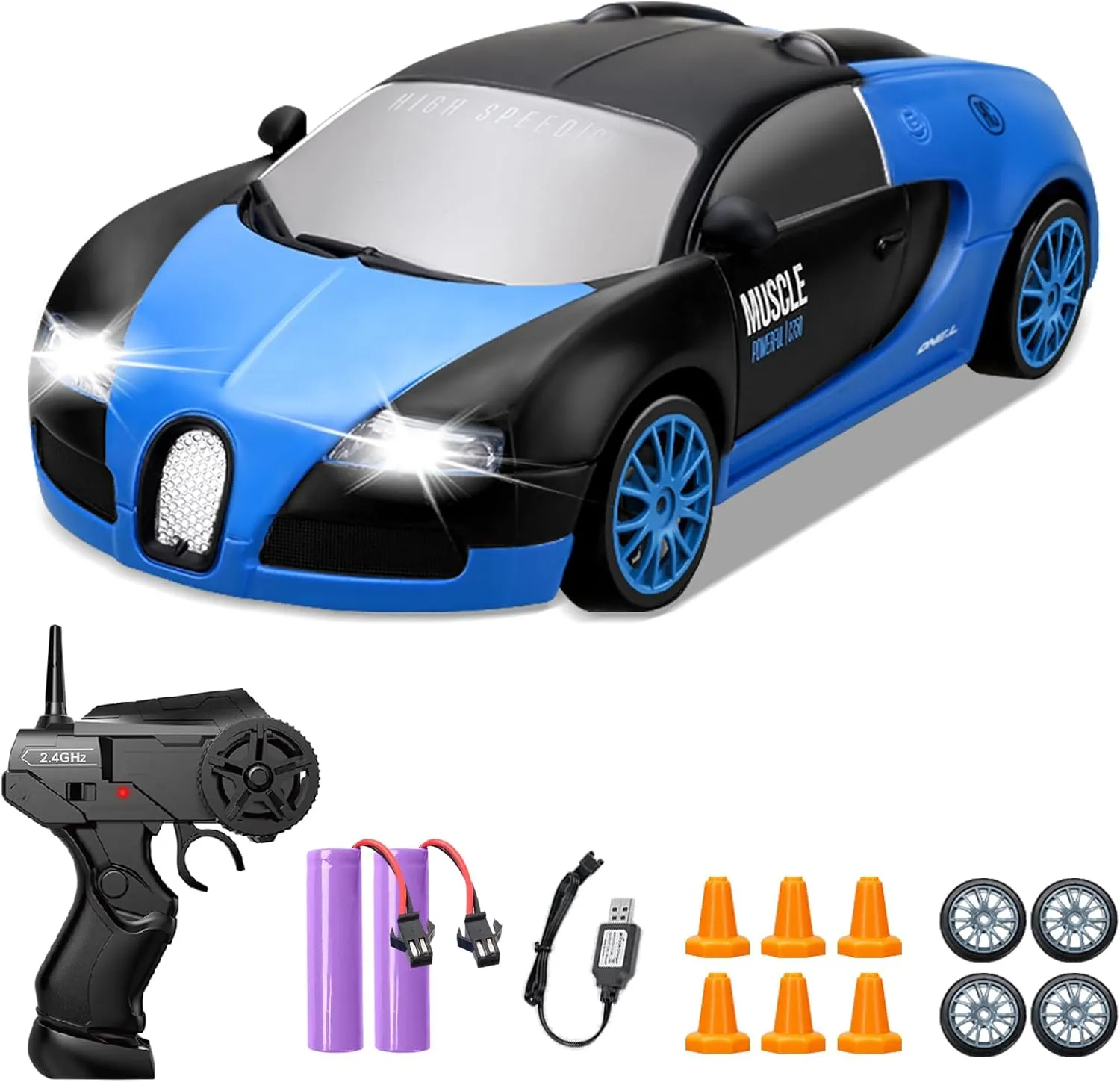 RC Drift Car, 1:24 4WD Drifting RC Cars 2.4GHz High Speed Remote Control Car with LED Light, Two Batteries and Drift Tires Racing Toy Cars for Kids Boys Girls Adults, Blue