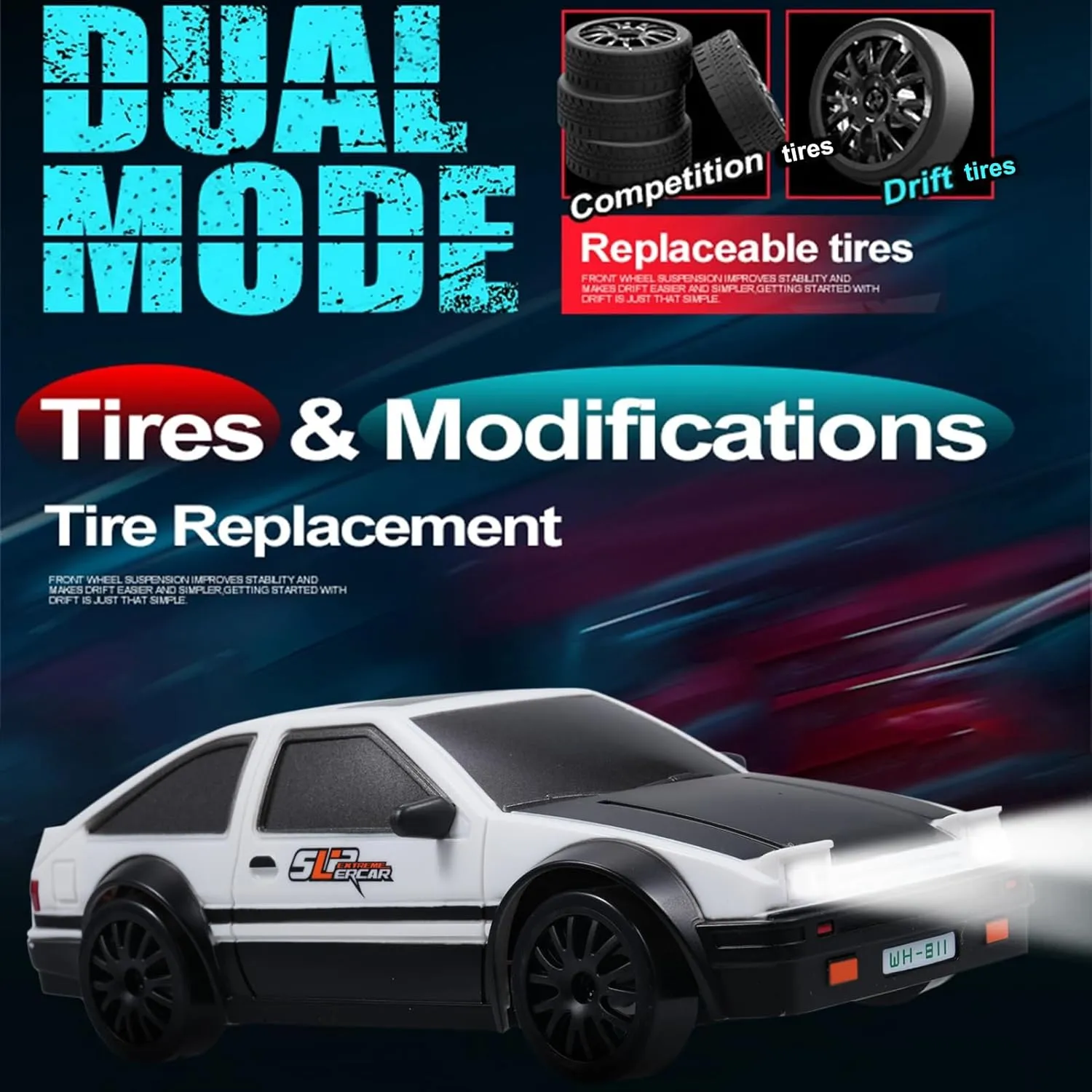 RC Drift Car, 2.4GHz 1:24 Scale 4WD High Speed 15KM/H Race Drifting Cars with LED Lights Drifting Tire, Hobby Racing Sport Toy Car Gifts for Boys Girls Kids