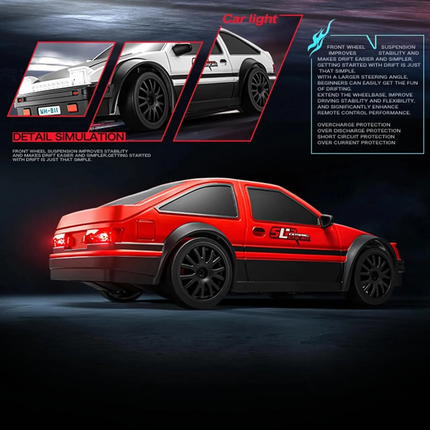 RC Drift Car, 2.4GHz 1:24 Scale 4WD High Speed 15KM/H Race Drifting Cars with LED Lights Drifting Tire, Hobby Racing Sport Toy Car Gifts for Boys Girls Kids