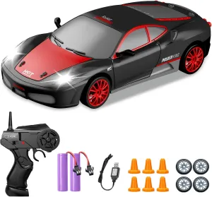 RC Drift Cars, 2.4Ghz 1:24 Remote Control Car 4WD High Speed Drifting RC Car with LED Light, Drift Tires and Two Batteries Racing Toy Cars for Kids Boys Girls Adults(Black)