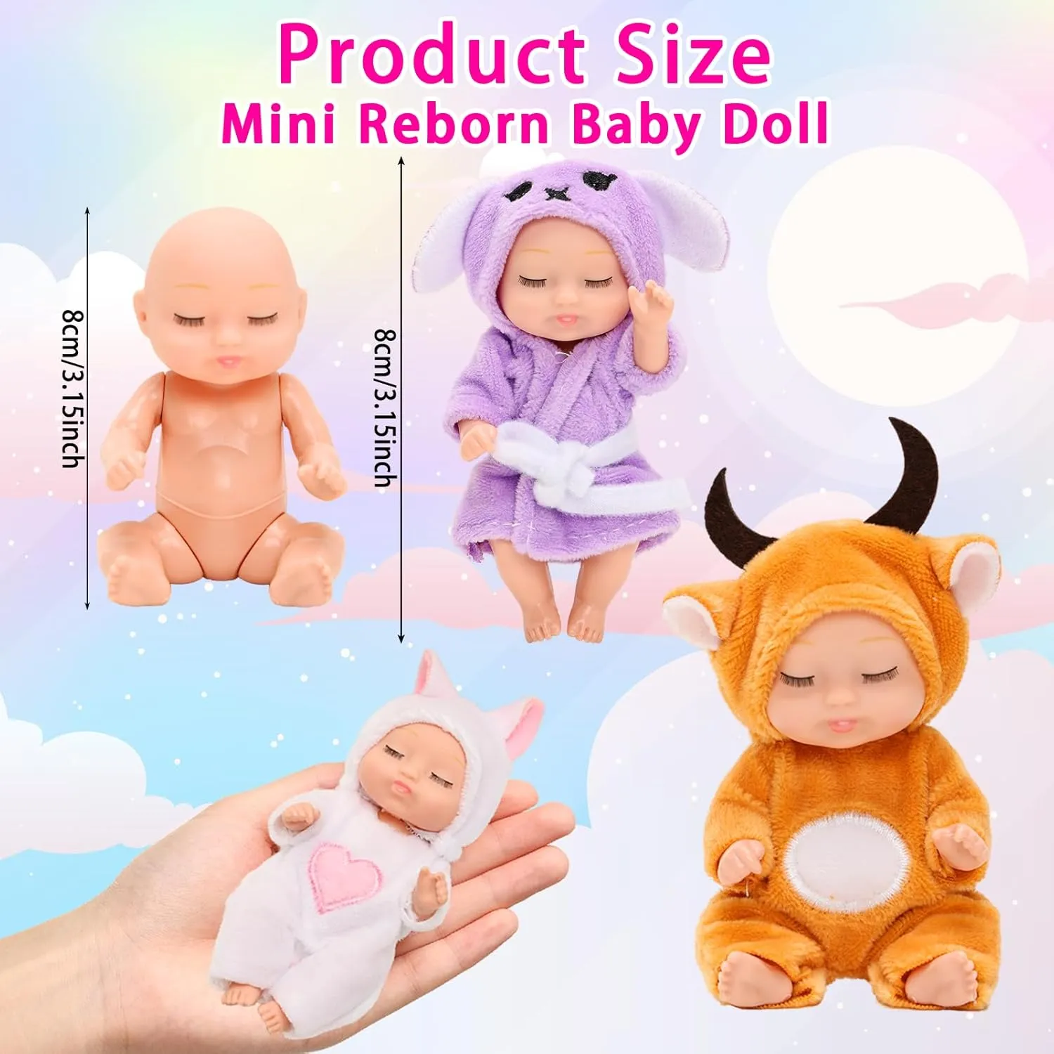 Realistic Baby Doll Toys, 8 Pcs, 3 Inches Mini, with Animal Clothes, for Toddlers/Kids