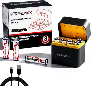 Rechargeable aa Batteries Lithium 8 Pack with Fast Charger,1.5V 3600mWh High Capacity aa Lithium Batteries,Constant Output Li-ion Double a Batteries,2500  Cycle Life, 2.5H Fast Charging