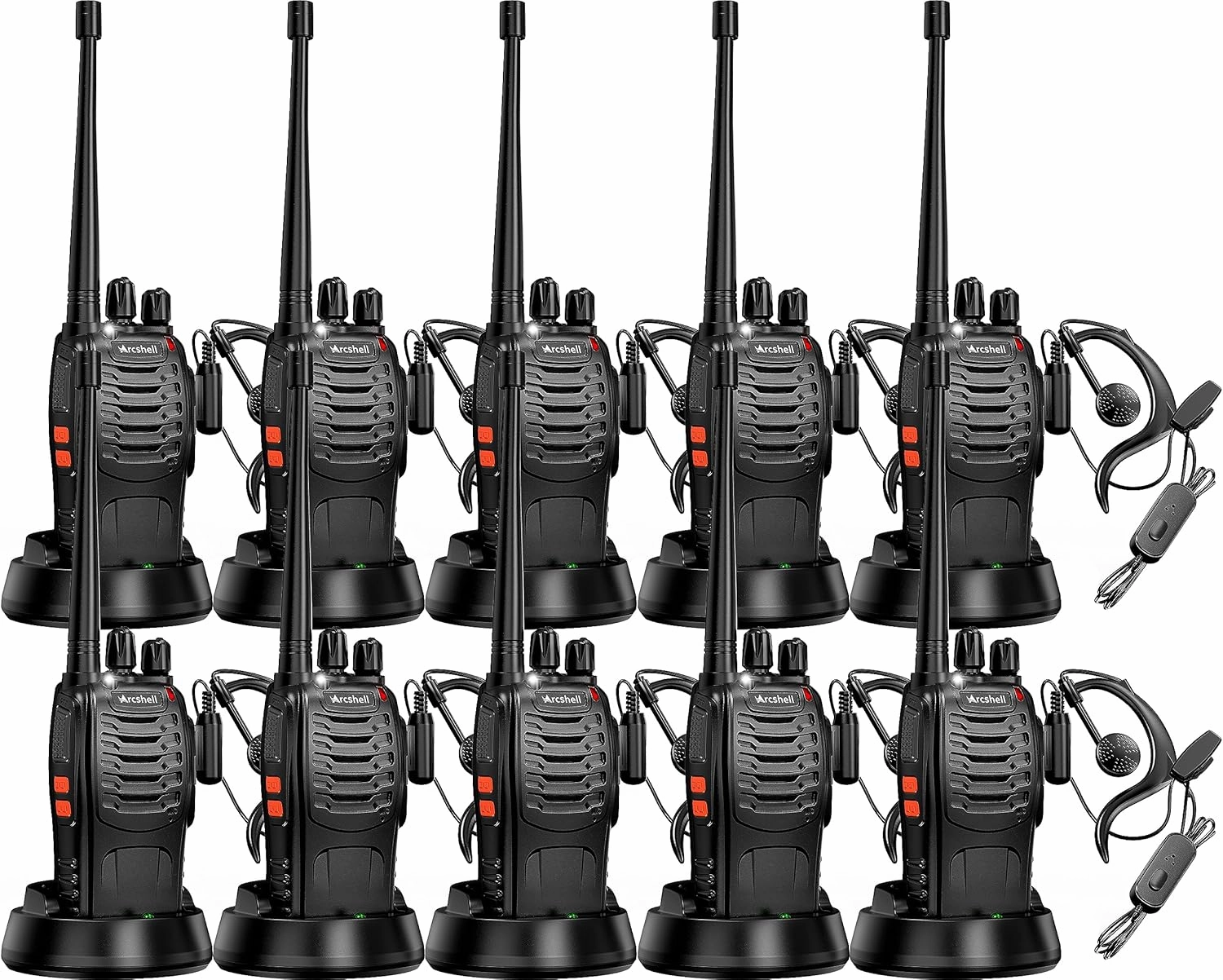 Rechargeable Long Range Two-Way Radios with Earpiece 10 Pack Arcshell AR-5 Walkie Talkies Li-ion Battery and Charger Included (10 Pack)
