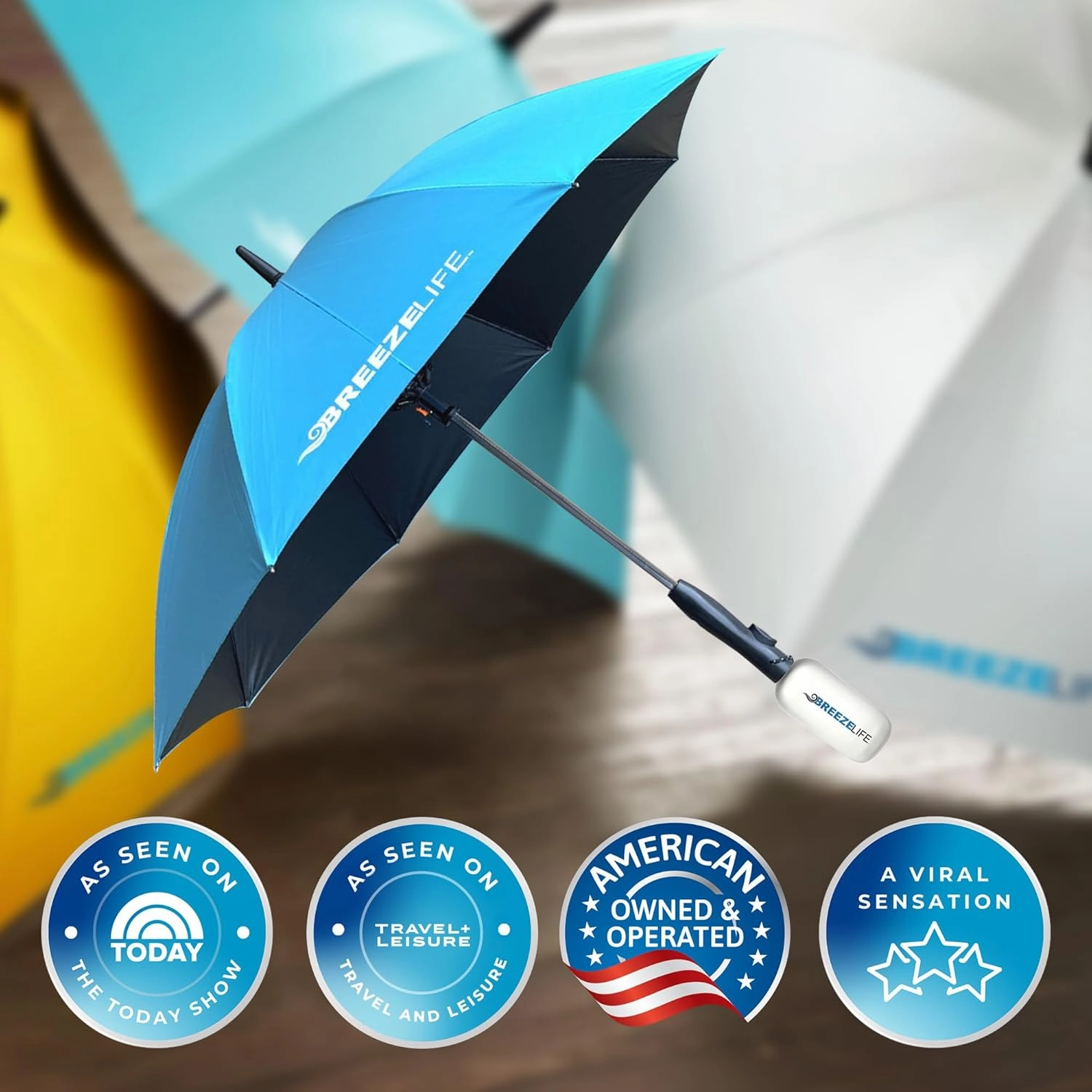 Rechargeable Mister Breeze, Sun Umbrella with Fan and Mister, Umbrella Mister with Built-in Fan, For Festivals, Beach and More, Blocks Harmful Sun Rays, Mist bottle included