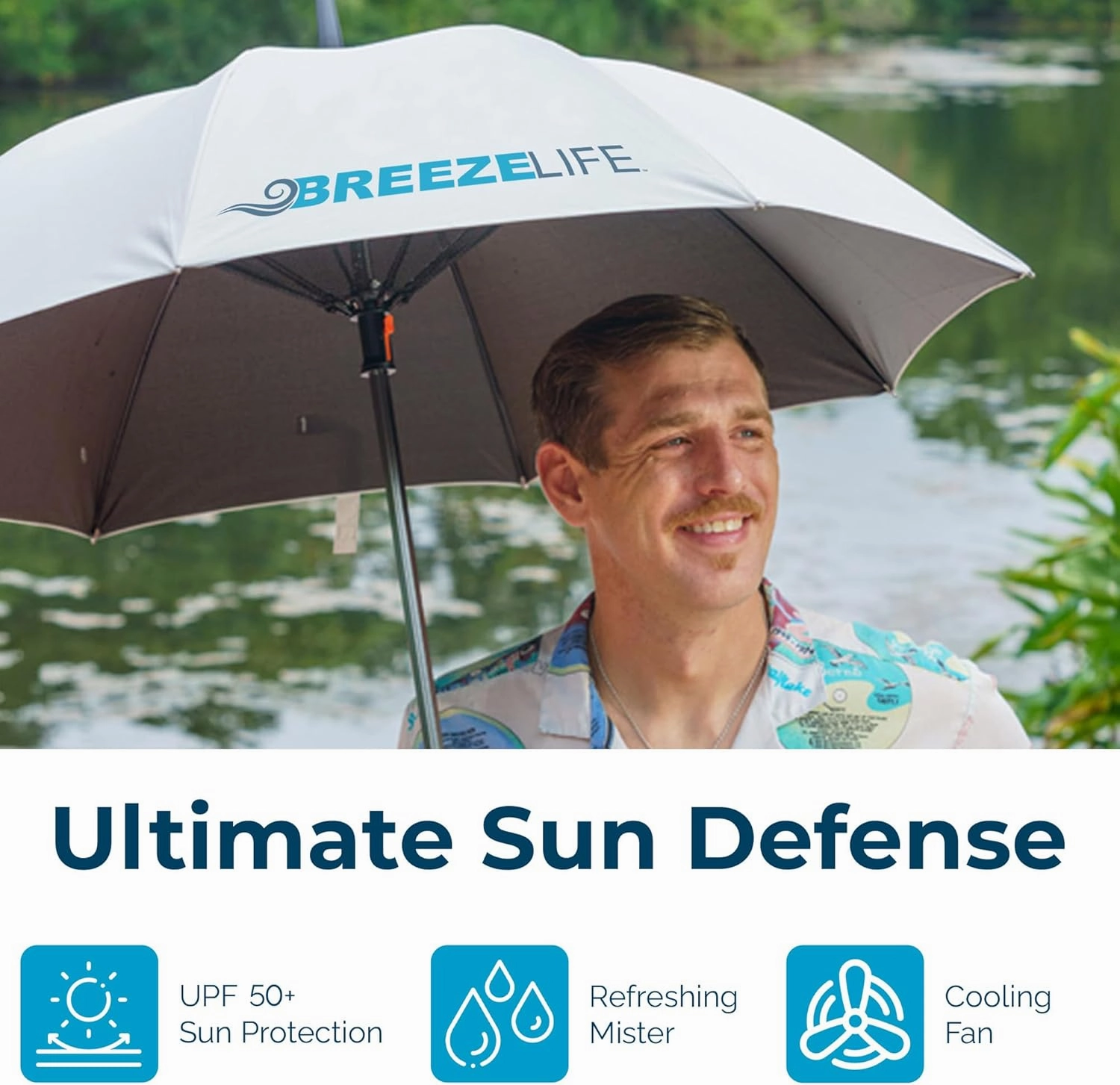 Rechargeable Mister Breeze, Sun Umbrella with Fan and Mister, Umbrella Mister with Built-in Fan, For Festivals, Beach and More, Blocks Harmful Sun Rays, Mist bottle included