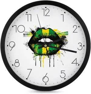 Reggae Music Jamaica Kissing Lips Wall Clock 10 Inch Silent Non-ticking Battery Operated Decorative Clock for Kitchen Bedroom