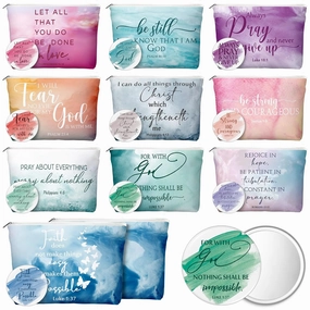 Reginary 20 Set Christian Gifts for Women Include 20 Religious Canvas Makeup Bags with 20 Bible Verse Compact Mirrors Inspirational Church Favors for Mom Sister Travel(Watercolor,Classic Style)