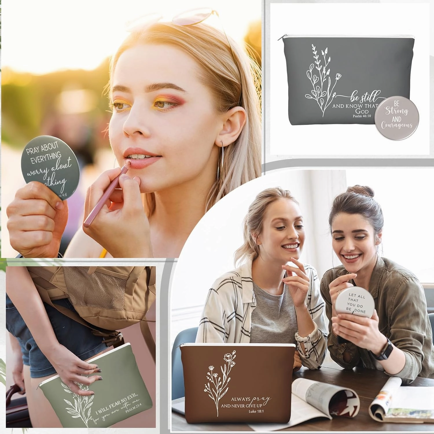 Reginary 30 Set Christian Gifts for Women include 30 Religious Canvas Makeup Bags 30 Bible Verse Compact Mirrors Church Inspirational Gifts for Mother Sister Travel(Neutral Colors,Aesthetic Style)
