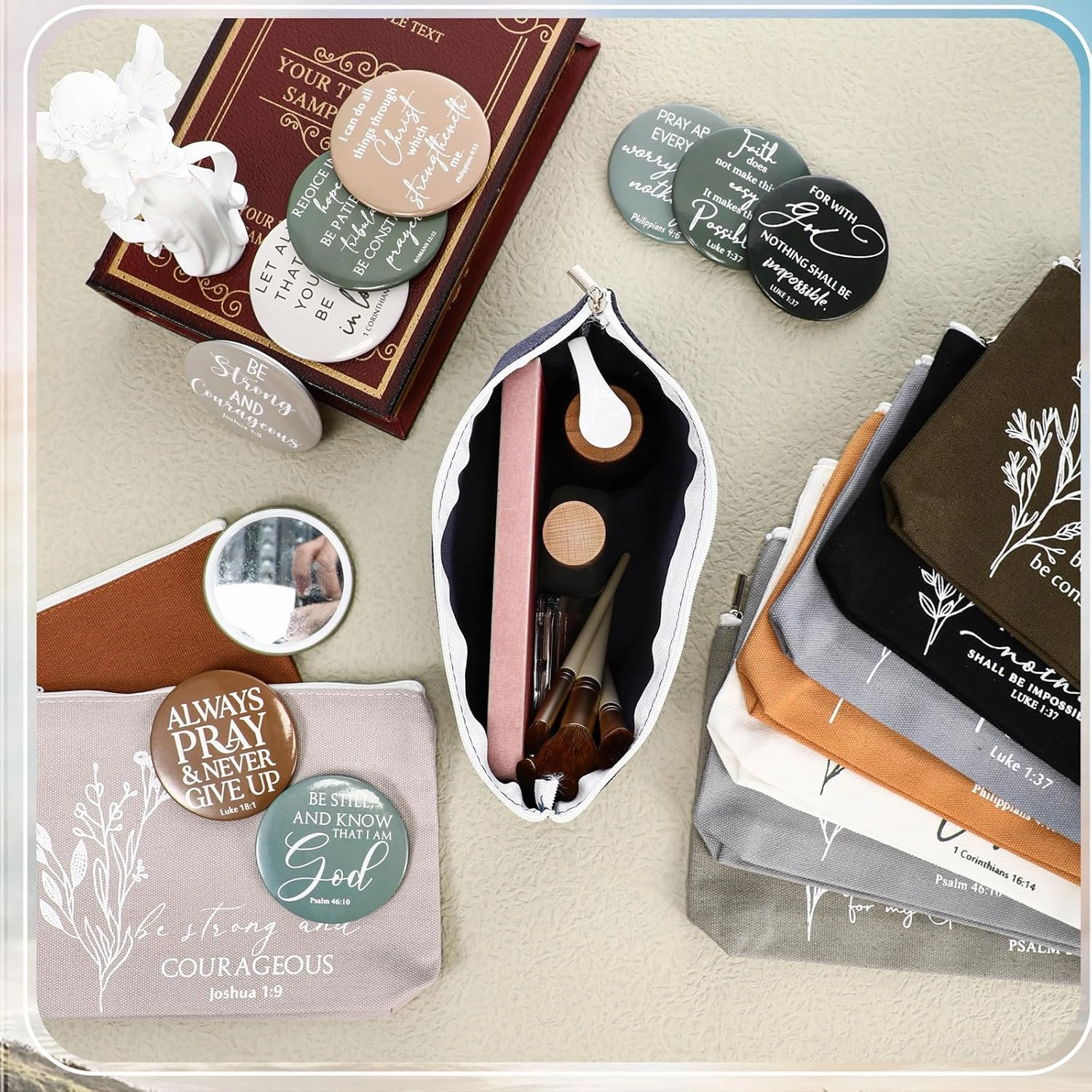Reginary 30 Set Christian Gifts for Women include 30 Religious Canvas Makeup Bags 30 Bible Verse Compact Mirrors Church Inspirational Gifts for Mother Sister Travel(Neutral Colors,Aesthetic Style)