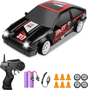 Remote Control Car 1/24 2.4GHz 4WD RC Drift Car, High Speed Drifting RC Cars with Cool Lights, Two Batteries and Extra Tires Toy Cars for Kids Boys Girls Adults, Black