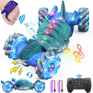 Remote Control Car,Dinosaur Toys car for Kids,2.4GHz LED Gesture Sensing RC Car,4WD Rotation RC Stunt Car with Lights and Music,Dino Toys for Kids Ages 3 4 5 6 7 Gifts for Boys Girls(Blue)