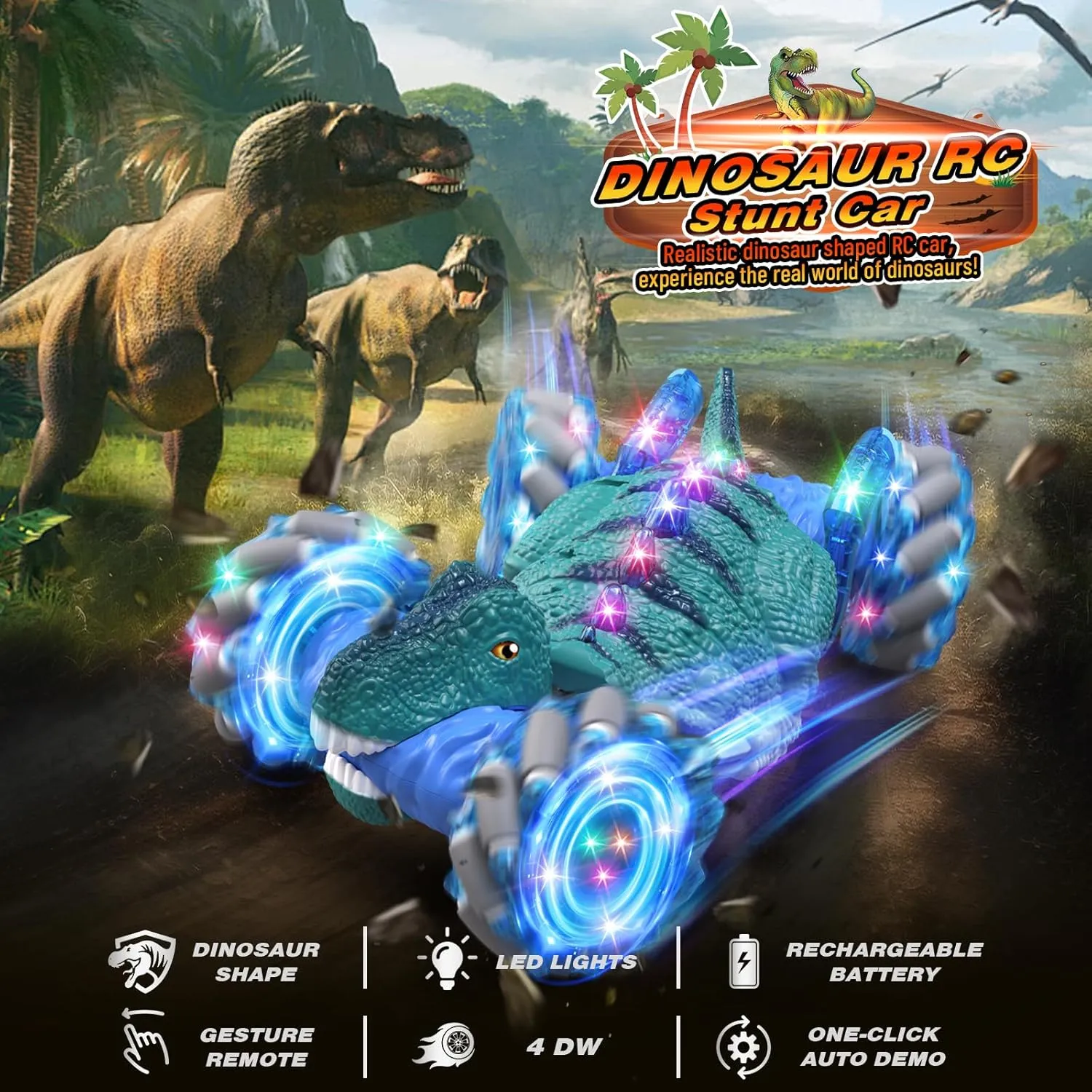 Remote Control Car,Dinosaur Toys car for Kids,2.4GHz LED Gesture Sensing RC Car,4WD Rotation RC Stunt Car with Lights and Music,Dino Toys for Kids Ages 3 4 5 6 7 Gifts for Boys Girls(Blue)