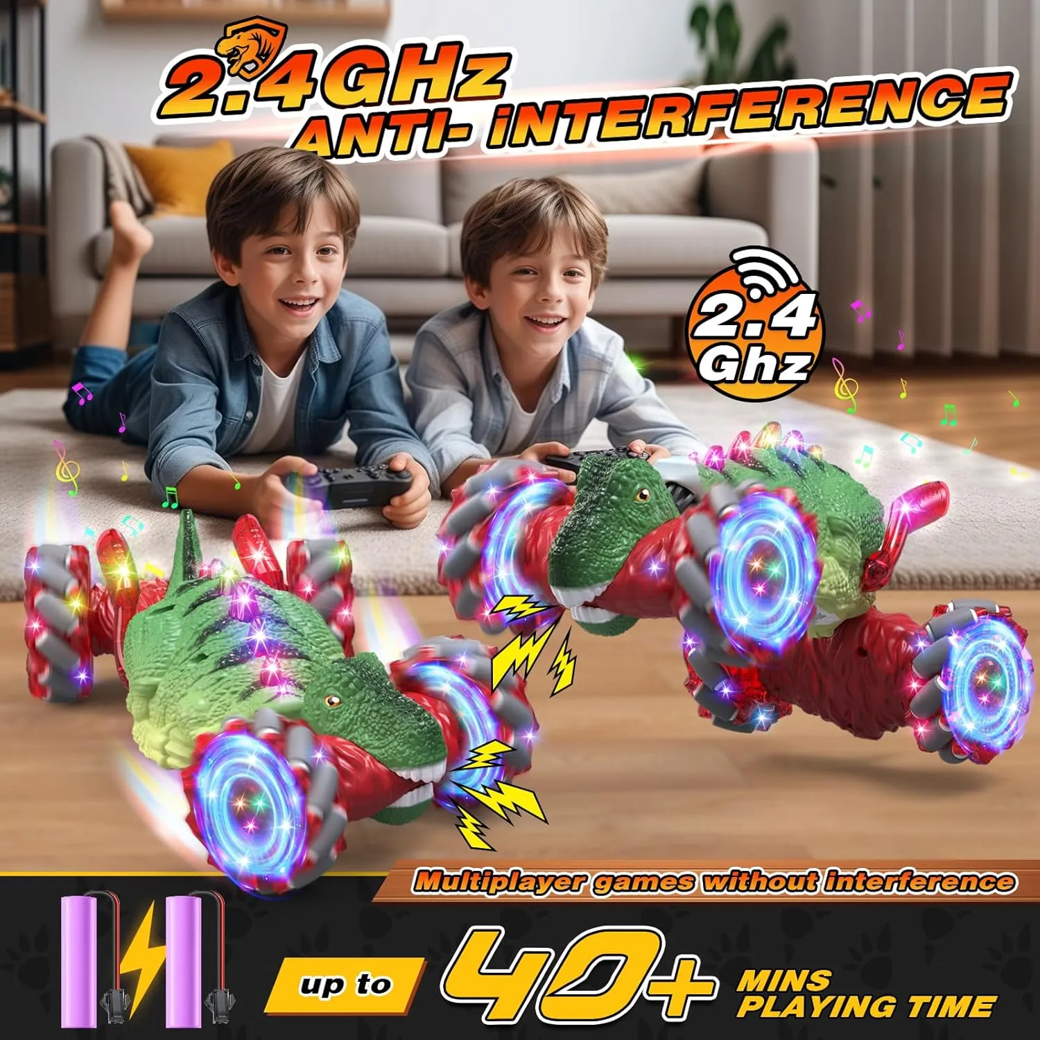 Remote Control Car，Dinosaur Toys car for Kids，2.4GHz LED Gesture Sensing RC Car，4WD Rotation RC Stunt Car with Lights and Music，Dino Toys for Kids Ages 3 4 5 6 7 Gifts for Boys Girls(Red)