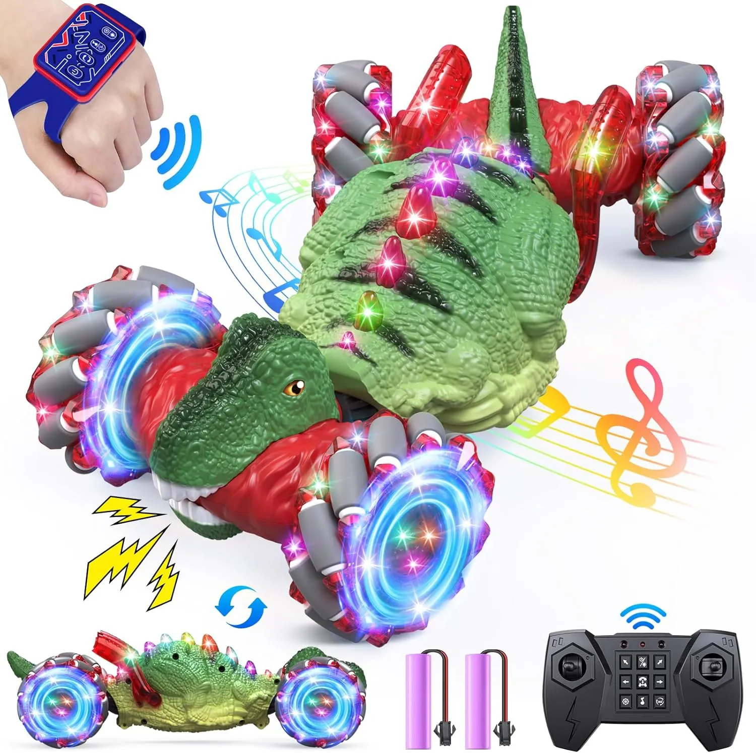 Remote Control Car，Dinosaur Toys car for Kids，2.4GHz LED Gesture Sensing RC Car，4WD Rotation RC Stunt Car with Lights and Music，Dino Toys for Kids Ages 3 4 5 6 7 Gifts for Boys Girls(Red)