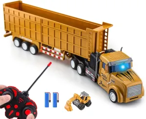 Remote Control Dump Toy for Kids - 17.3" RC Semi Truck with 2 Batteries, 1:32 Construction Vehicles with Lights & Building Blocks Excavator Toy, Engineering Tractor Toy for 3 4 5 Years Boys Girls