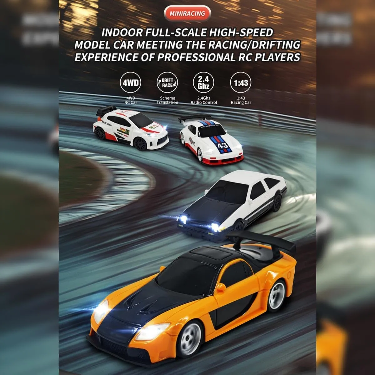 Remote Control Mini Car Model with LED Lights, 1/43 Scale 2.4G Full-Proportional RC Drift Racing Car, Max Speed 15km/h, Indoor Mini RC Hobbyist Gift (RTR Version)