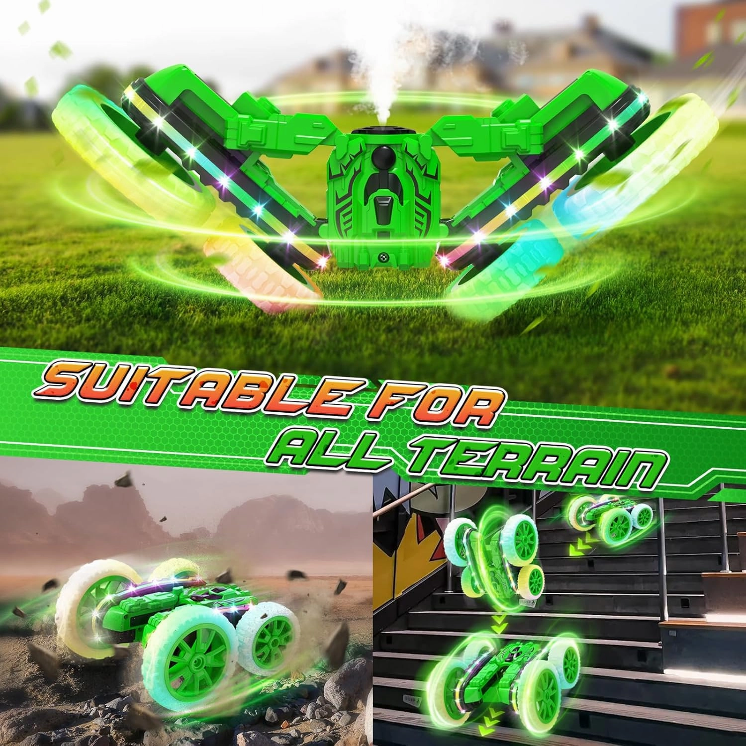 Remote Control Car,RC Cars with Sides Light and Headlights,360°Rotating 4WD Spray RC Stunt Car,2.4Ghz All Terrain Toy Car for Boys Age 4-7 Kids Toy for 8-12 Boys Girls Birthday Gift(Green)