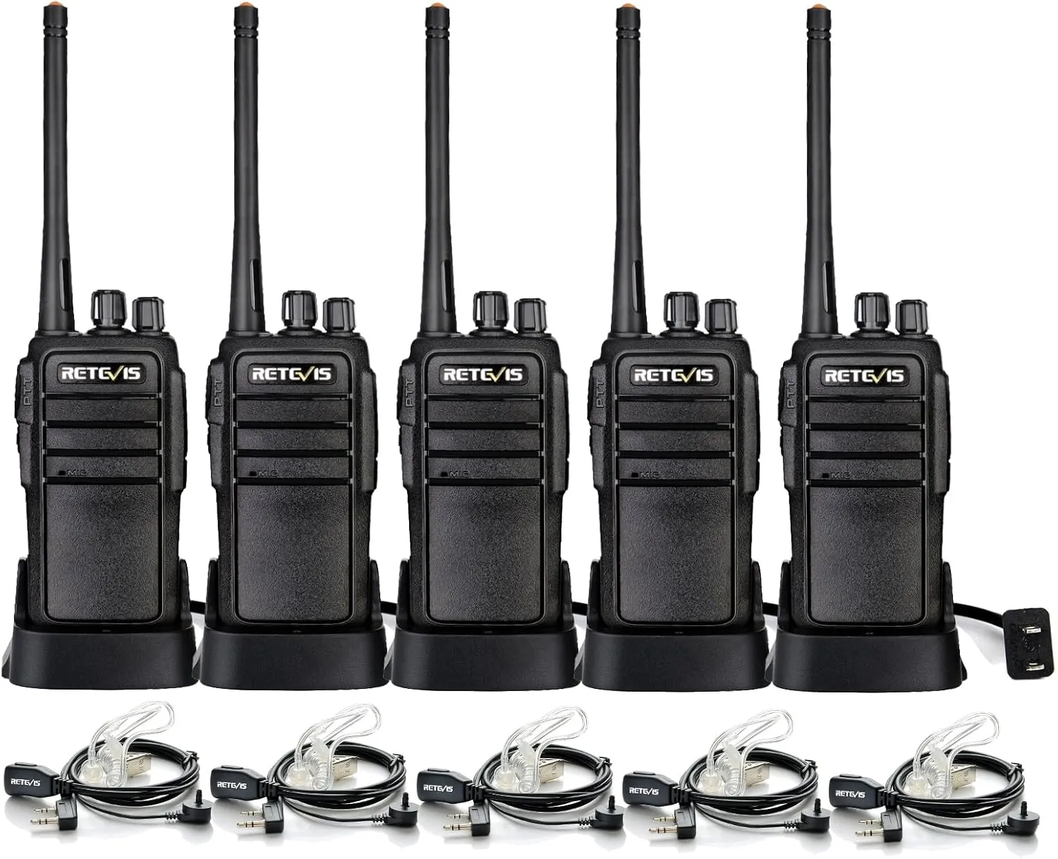 Retevis RT21 Walkie Talkies for Adults Long Range, Handfree Rugged Two Way Radio with Earpiece for Commercial Construction Warehouse Security 2 Way Radios Black(5 Pack)