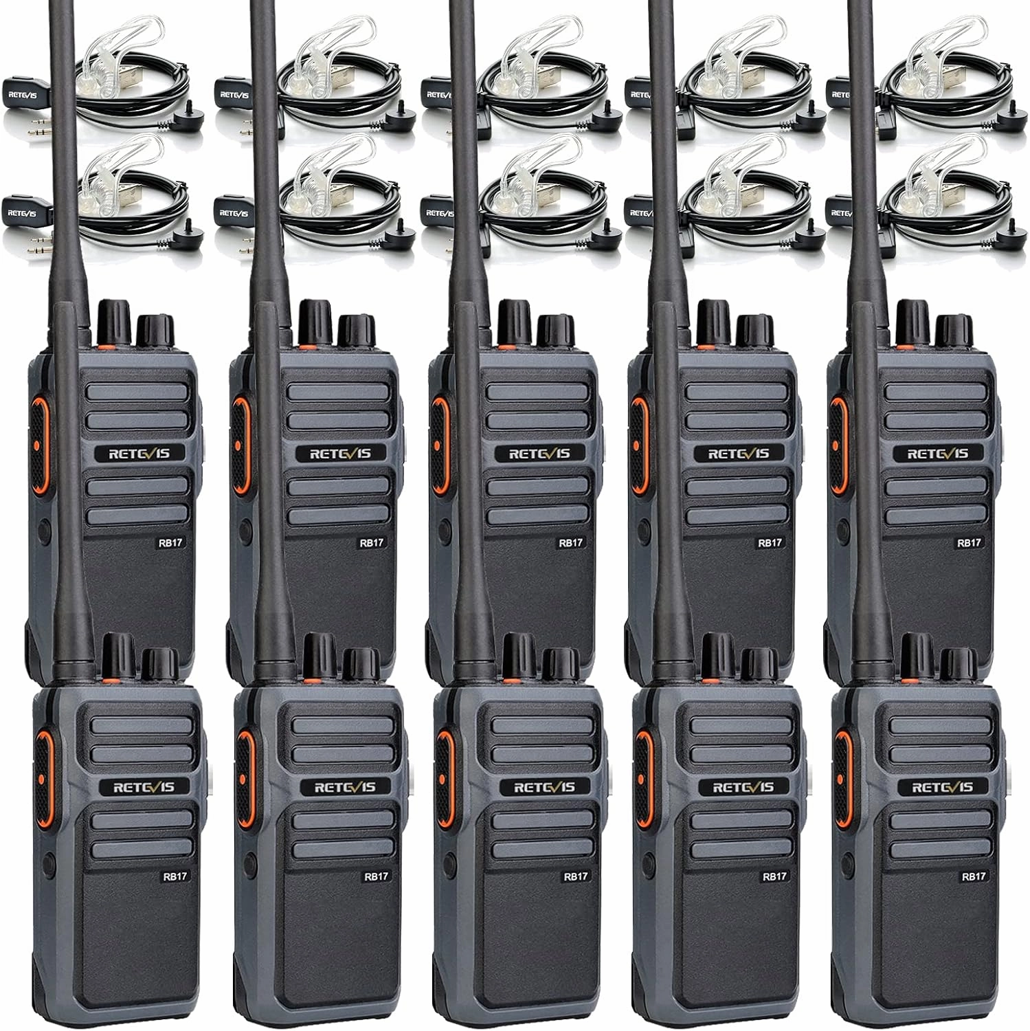 Retevis RB17 4400mAh 2 Way Radio Rechargeable,Heavy Duty Walkie Talkies with Earpiece and Mic,VOX Handsfree Emergency Alarm USB-C Charging,Rugged Two Way Radios for School Construction Farm (10 Pack)