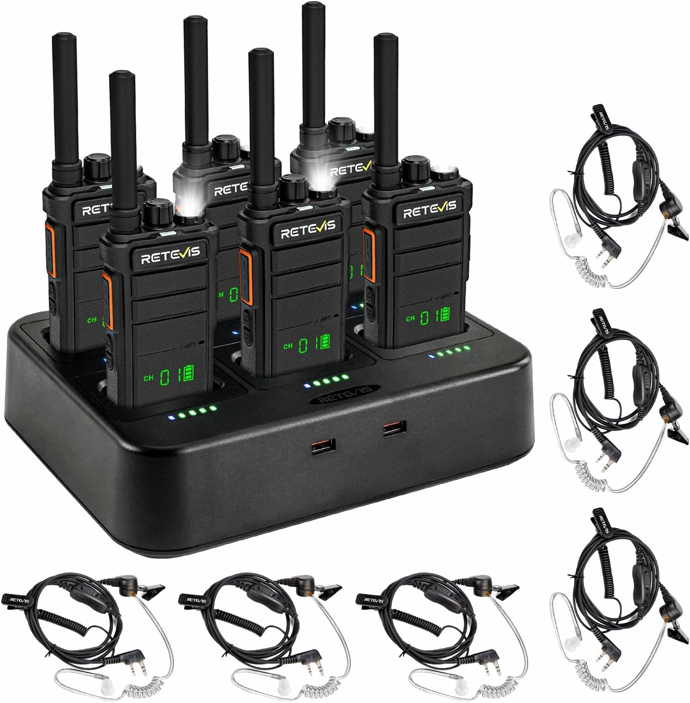 Retevis RB26H Walkie Talkies Long Range,GMRS Radio,6 Way Multi Unit Charger,Full Kit with Earpiece Kit,Hidden Display,Built in 2000mAh Battery, Repeater Capable, for Hospitality Warehouse (6 Pack)