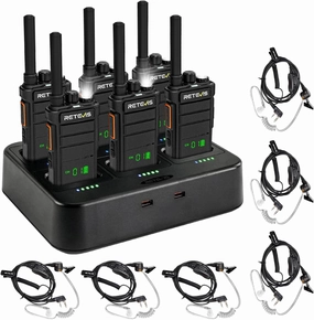 Retevis RB26H Walkie Talkies Long Range,GMRS Radio,6 Way Multi Unit Charger,Full Kit with Earpiece Kit,Hidden Display,Built in 2000mAh Battery, Repeater Capable, for Hospitality Warehouse (6 Pack)