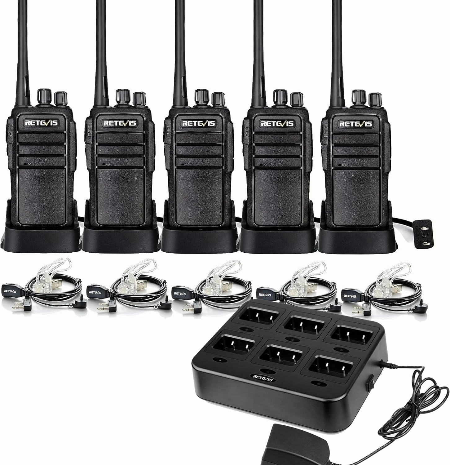 Retevis RT21 Walkie Talkies(1 Pack) Bundle with Six-Way Charger(1 Pack) for Adults Long Range, Handfree Rugged Two Way Radio with Earpiece for Commercial Construction Warehouse Security 2 Way Radios