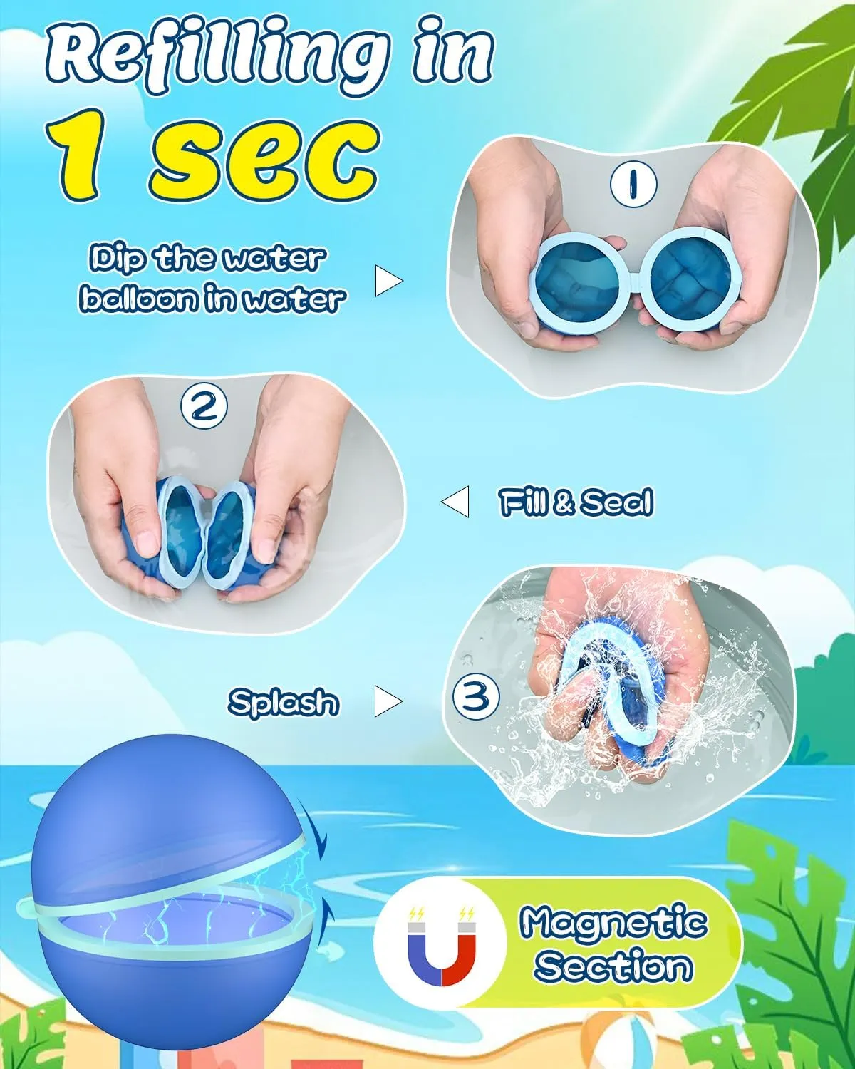 Reusable Water Balloons, Magnetic Self Sealing Quick Fill Water Balloons with Mesh Bag, Silicone Water Bomb For Kids, Summer Toys Swimming Pool Party Supplies Bath Toy Outdoor (16 Pack)