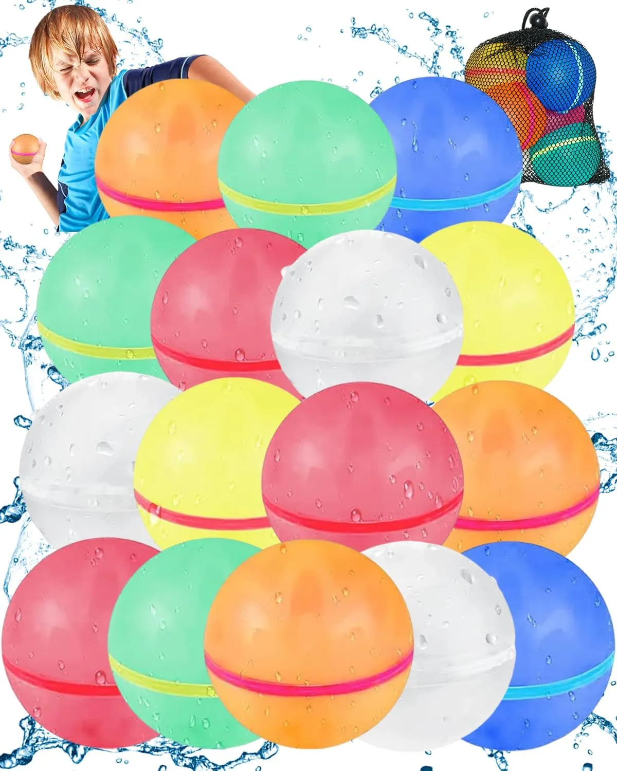 Reusable Water Balloons, Magnetic Self Sealing Quick Fill Water Balloons with Mesh Bag, Silicone Water Bomb For Kids, Summer Toys Swimming Pool Party Supplies Bath Toy Outdoor (16 Pack)