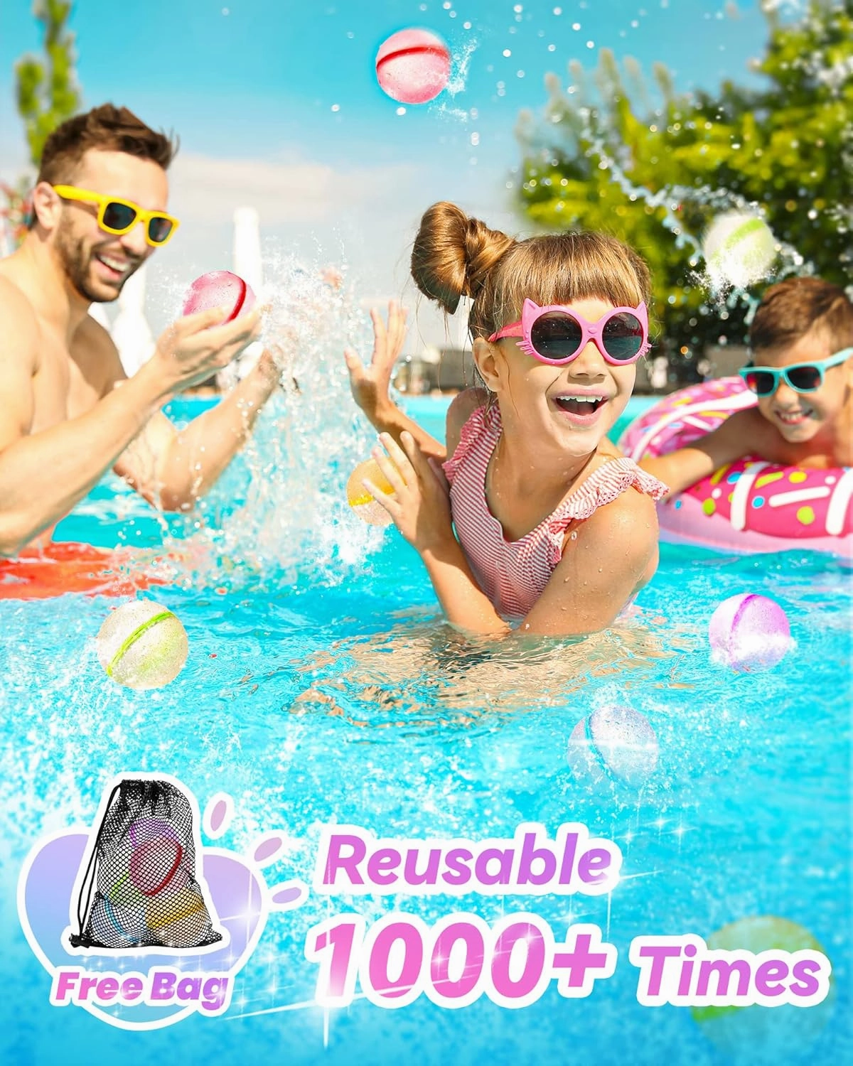Reusable Water Bomb Balloons Silicone Self Sealing Splash Water Balls with Mesh Bag, Summer Fun Outdoor Toys for Kids, Water Games for Kids Backyard Swimming Pool Waterpark Glitter (12 Packs)