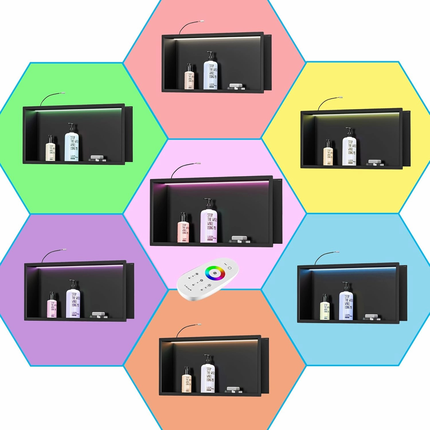RGB LED Light Shower Niche, Matte Black 24X12 in Stainless Steel Wall Niche with Remote Control, Waterproof No Tile Needed Wall Niche for Bathroom Storage Built-in Installation