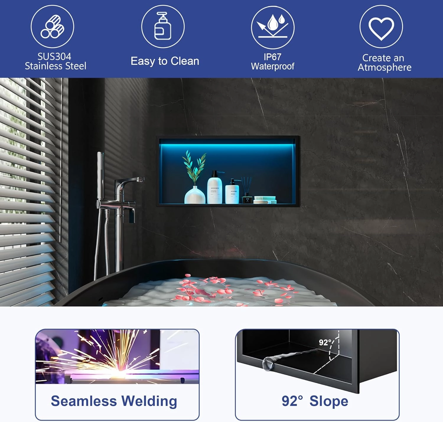 RGB LED Light Shower Niche, Matte Black 24X12 in Stainless Steel Wall Niche with Remote Control, Waterproof No Tile Needed Wall Niche for Bathroom Storage Built-in Installation