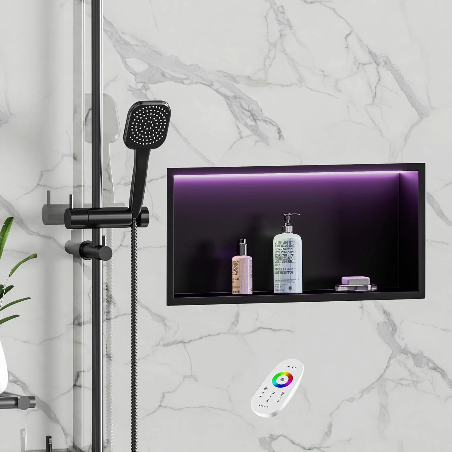 RGB LED Light Shower Niche, Matte Black 24X12 in Stainless Steel Wall Niche with Remote Control, Waterproof No Tile Needed Wall Niche for Bathroom Storage Built-in Installation