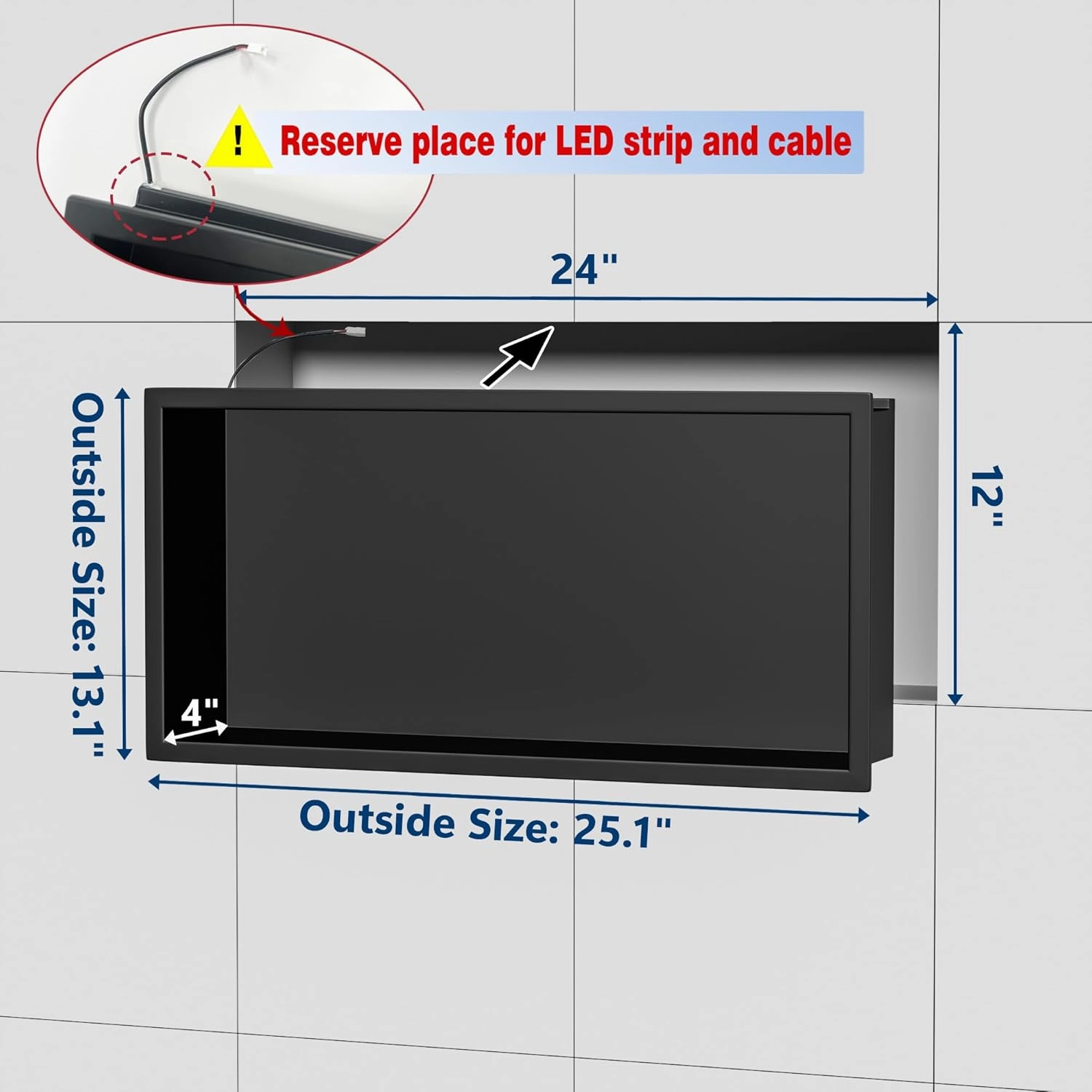 RGB LED Light Shower Niche, Matte Black 24X12 in Stainless Steel Wall Niche with Remote Control, Waterproof No Tile Needed Wall Niche for Bathroom Storage Built-in Installation